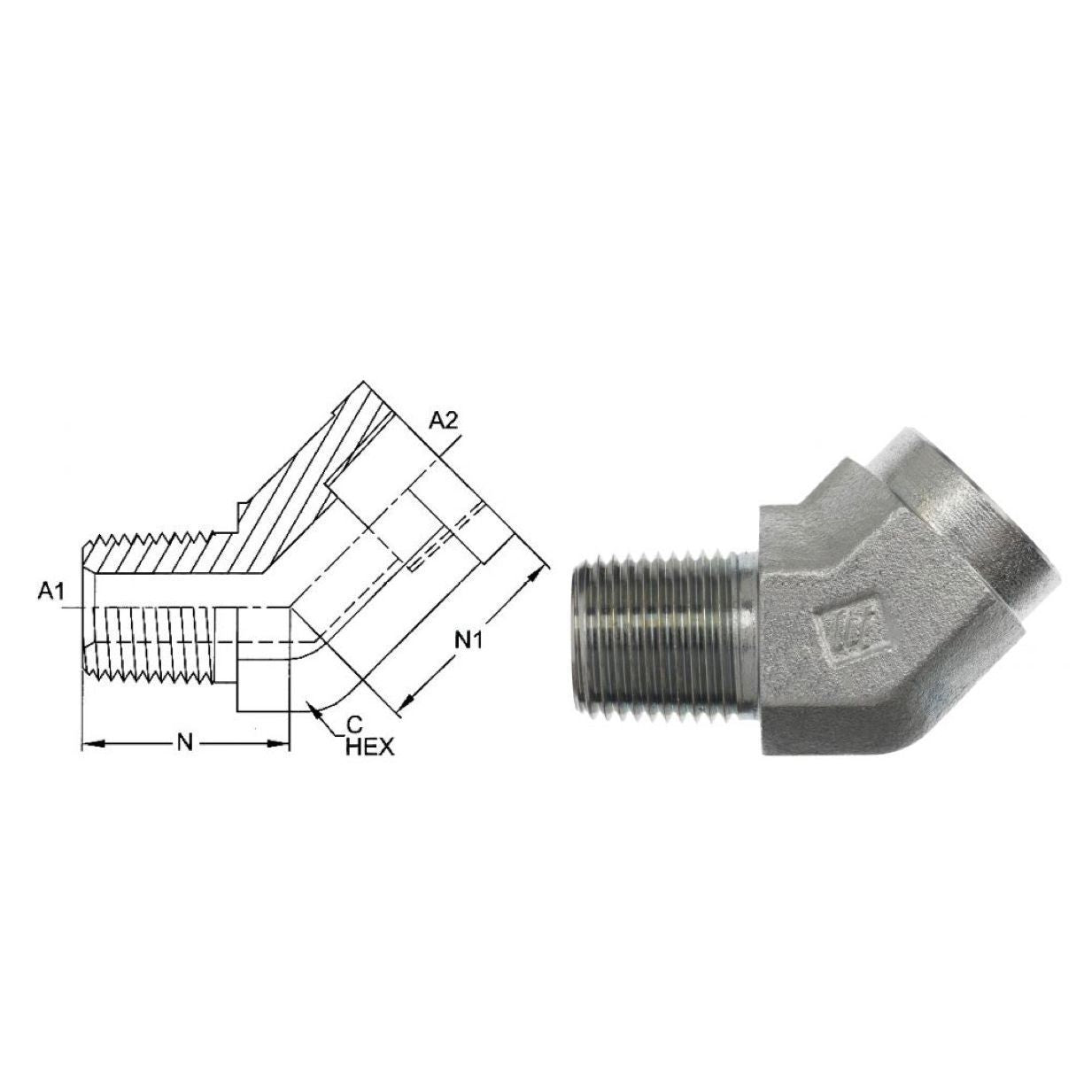 5503-24-24-SS : OneHydraulics 45-Degree Street Elbow, 1.5 (1-1/2) Male NPT  x 1.5 (1-1/2) Female NPT, Stainless Steel, 2400psi