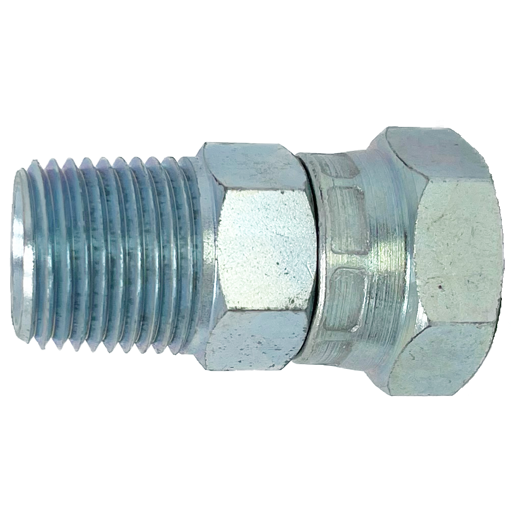 9023-08-08 : Adaptall Straight Steel Swivel Adapter, 1/2-14 (-08) Male NPT x 1/2-14 (-08) Female BSPP 60° Flare