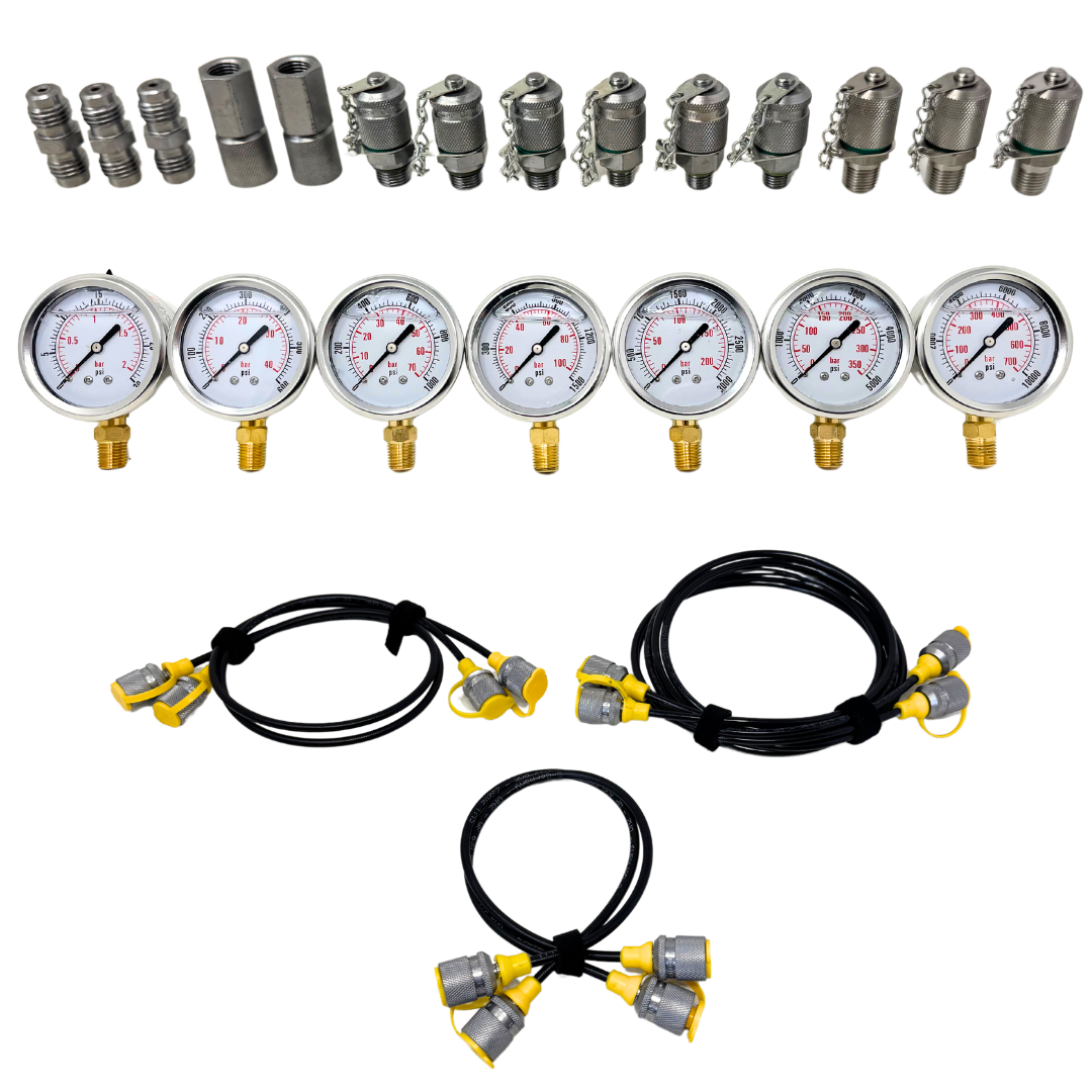 OHI-GAUGE-KIT-ANALOG : OneHydraulics Hydraulic Test Pressure Gauge Kit with Hard Case, Test Points, Gauge Adapters, Hose Whips & Multiple Pressure Range Gauges