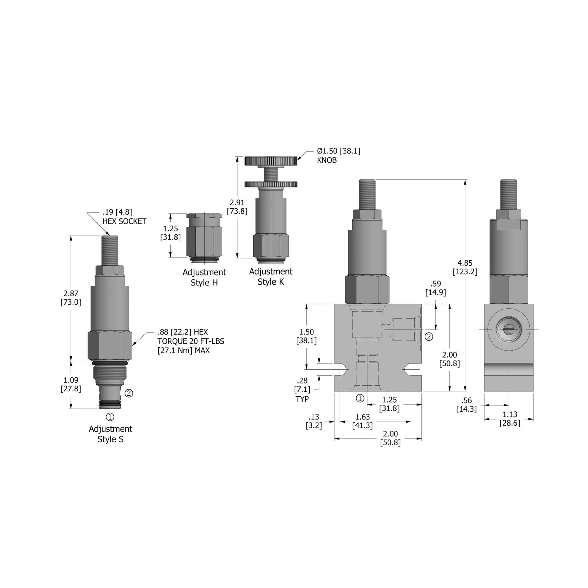 DDRV-080-N-S : Deltrol Relief, Direct-Acting, Differential Area, Adjustable, Poppet, C-8-2, Screw Adjustment, 3000psi, 10GPM