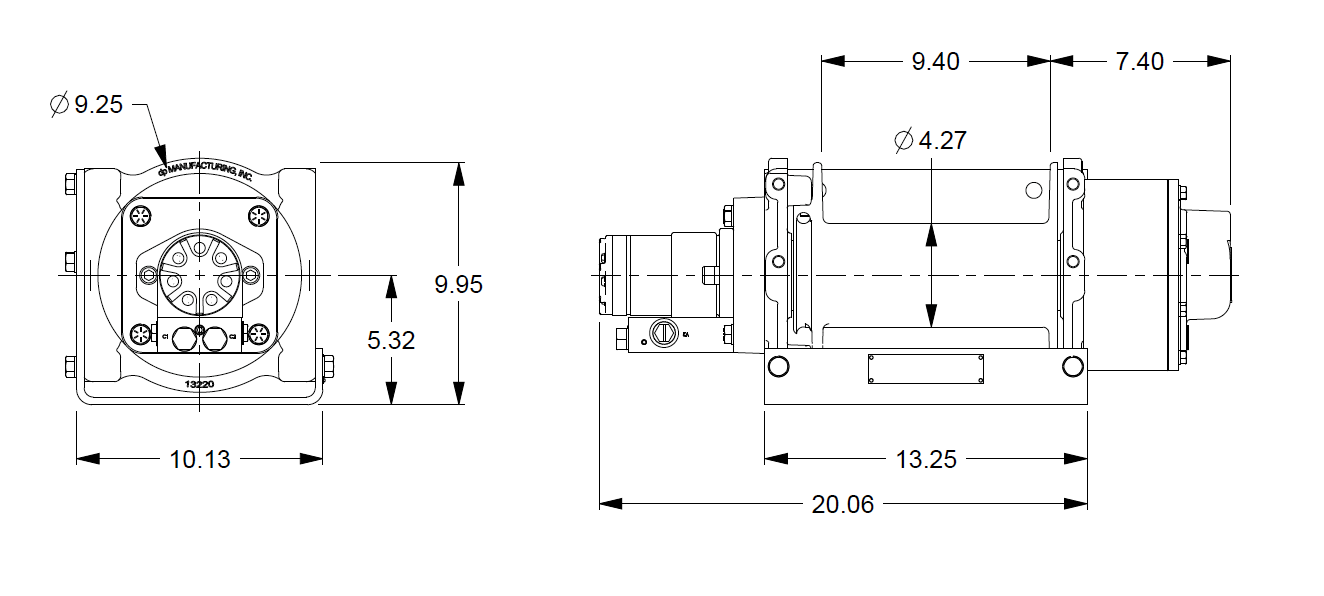 12JAAX4R1H : DP Winch, 12,000lb Bare Drum Pull, Base without Fairlead, Air/Hyd Kickout, CW, Less than 18GPM Motor, 4.26" Barrel x 9.53" Length x 9.25" Flange