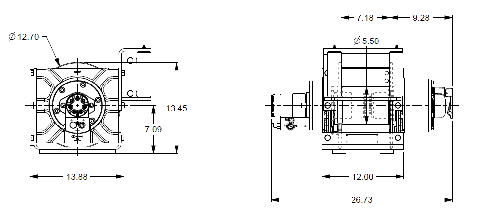 15AJAAF5L6A : DP Winch, 15,000lb Bare Drum Pull, Base with Fairlead, Manual Kickout/Spring Engage, CCW, Less than 20GPM Motor, 5.5" Barrel x 7.19" Length x 12.75" Flange