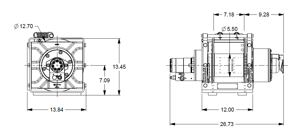 15AJAAT5L6A : DP Winch, 15,000lb Bare Drum Pull, Base with Tensioner, Manual Kickout/Spring Engage, CCW, Less than 20GPM Motor, 5.5" Barrel x 7.19" Length x 12.75" Flange