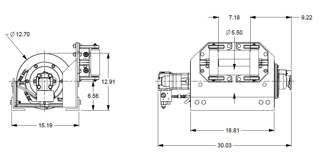 20AAF5L2G : DP Winch, 20,000lb Bare Drum Pull, Base with Fairlead, Manual Kickout/Spring Engage, CCW, Less than 25GPM Motor, 5.5" Barrel x 7.19" Length x 12.75" Flange