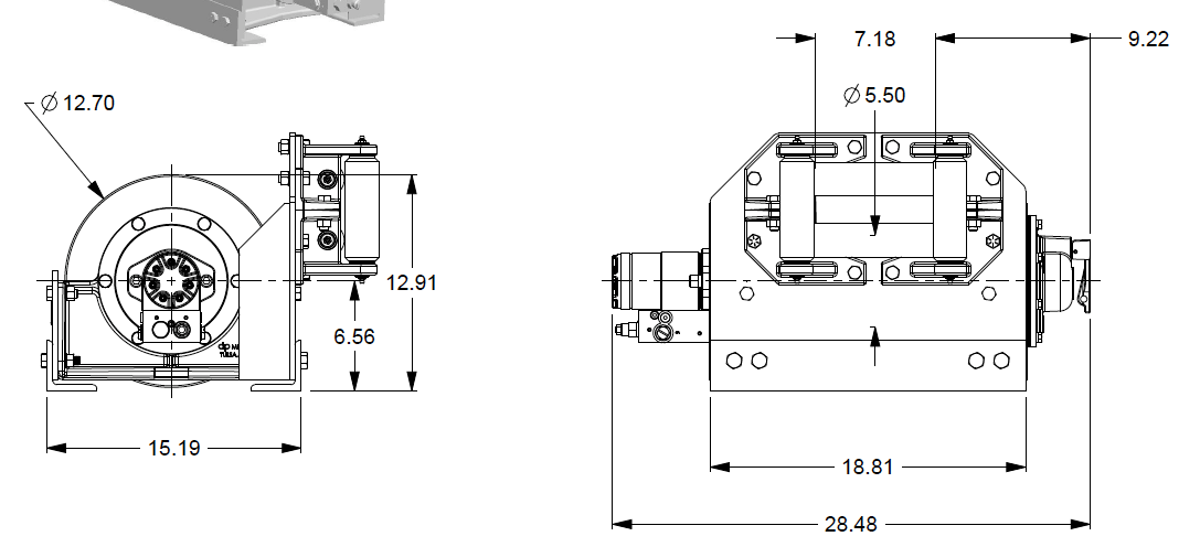 20AAF5L6G : DP Winch, 20,000lb Bare Drum Pull, Base with Fairlead, Manual Kickout/Spring Engage, CCW, Less than 20GPM Motor, 5.5" Barrel x 7.19" Length x 12.75" Flange