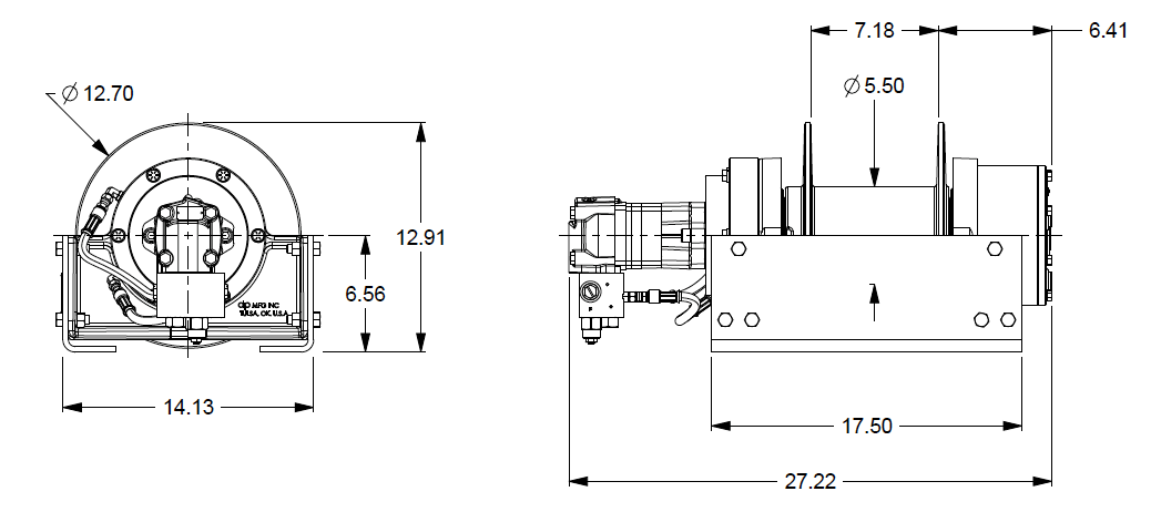 20AAX1L2G : DP Winch, 20,000lb Bare Drum Pull, Base only, No Kickout, CCW, Less than 25GPM Motor, 5.5" Barrel x 7.19" Length x 12.75" Flange