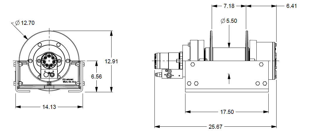 20AAX1L6G : DP Winch, 20,000lb Bare Drum Pull, Base only, No Kickout, CCW, Less than 20GPM Motor, 5.5" Barrel x 7.19" Length x 12.75" Flange