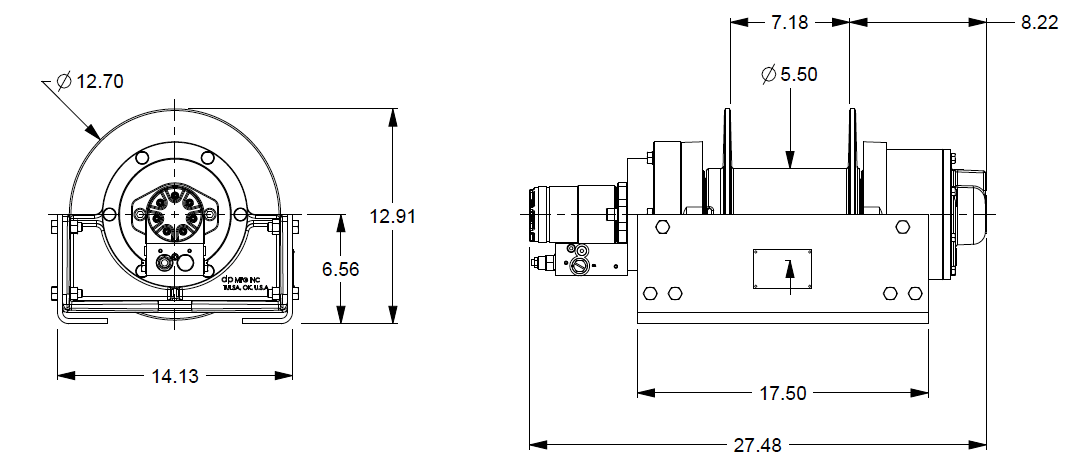 20AAX4R6G : DP Winch, 20,000lb Bare Drum Pull, Base only, Air/Hyd Kickout, CW, Less than 25GPM Motor, 5.5" Barrel x 7.19" Length x 12.75" Flange