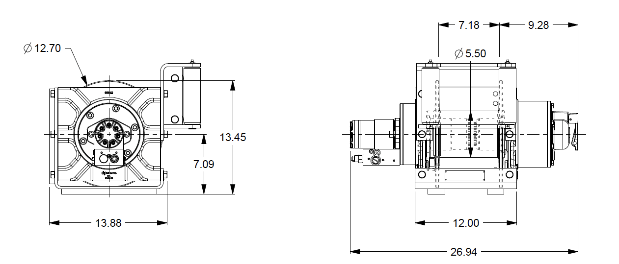 20AJAAF5L6A : DP Winch, 20,000lb Bare Drum Pull, Base with Fairlead, Manual Kickout/Spring Engage, CCW, Less than 20GPM Motor, 5.5" Barrel x 7.19" Length x 12.75" Flange