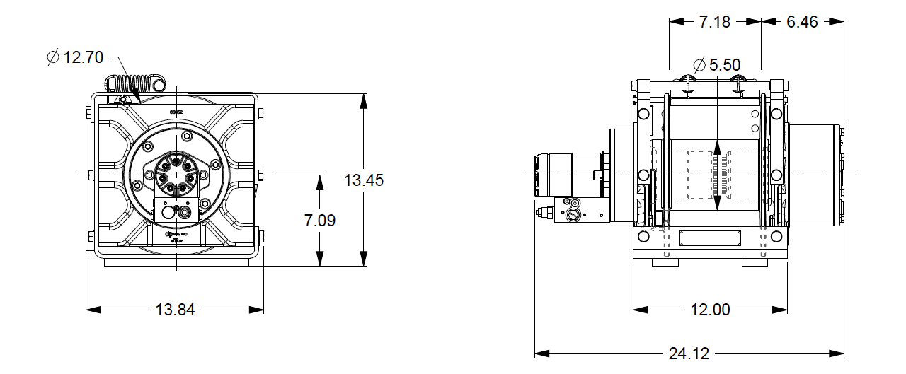 20AJAAT1L6A : DP Winch, 20,000lb Bare Drum Pull, Base with Tensioner, No Kickout, CCW, Less than 20GPM Motor, 5.5" Barrel x 7.19" Length x 12.75" Flange