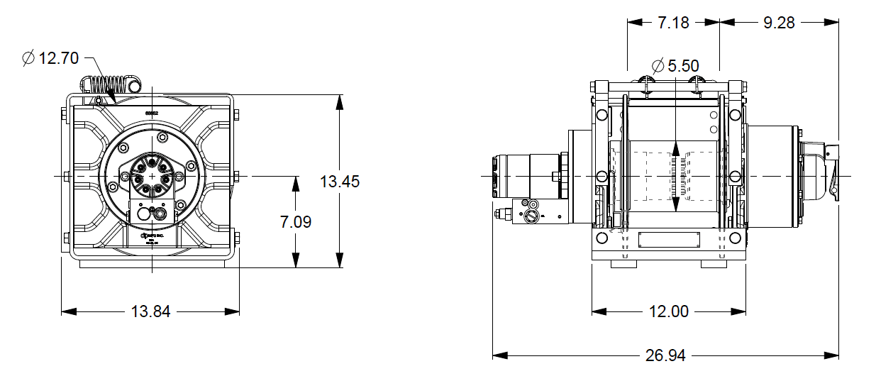 20AJAAT5L6A : DP Winch, 20,000lb Bare Drum Pull, Base with Tensioner, Manual Kickout/Spring Engage, CCW, Less than 20GPM Motor, 5.5" Barrel x 7.19" Length x 12.75" Flange