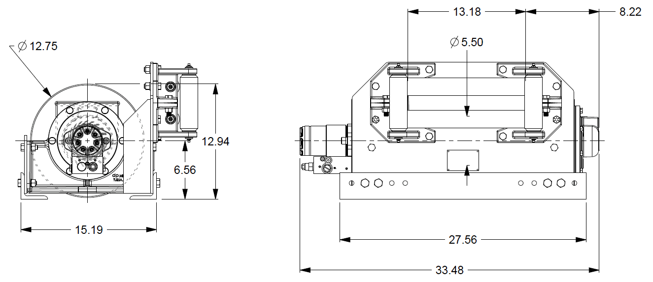 20BBF4L6G : DP Winch, 20,000lb Bare Drum Pull, Base with Fairlead, Air/Hyd Kickout, CCW, Less than 20GPM Motor, 5.5" Barrel x 13.19" Length x 12.75" Flange