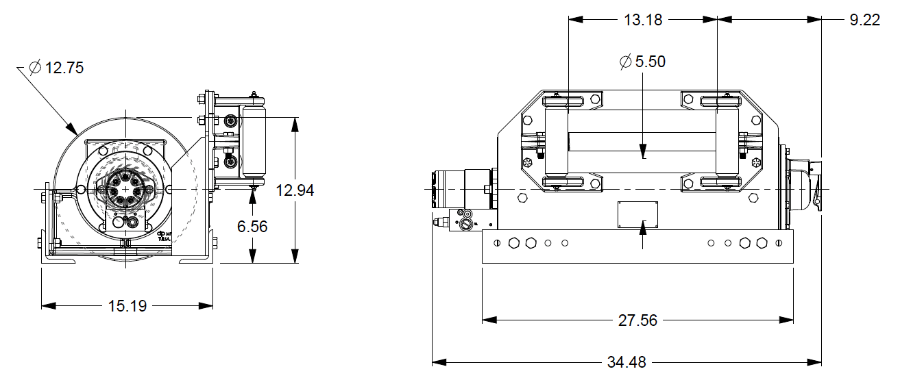 20BBF5L6G : DP Winch, 20,000lb Bare Drum Pull, Base with Fairlead, Manual Kickout/Spring Engage, CCW, Less than 20GPM Motor, 5.5" Barrel x 13.19" Length x 12.75" Flange