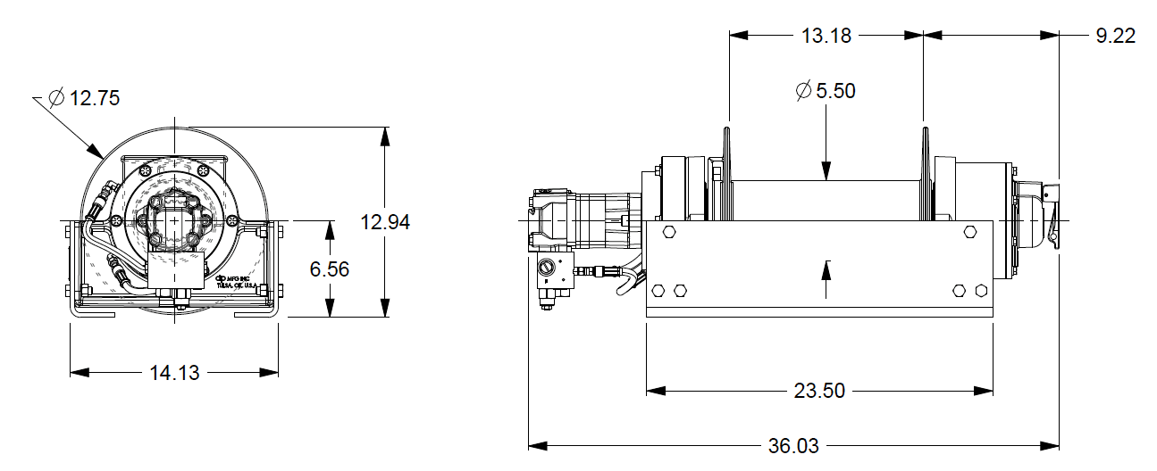 20BBX5L2G : DP Winch, 20,000lb Bare Drum Pull, Base only, Manual Kickout/Spring Engage, CCW, Less than 25GPM Motor, 5.5" Barrel x 13.19" Length x 12.75" Flange