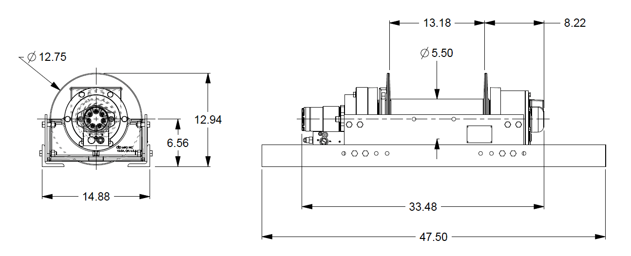 20BCX4L6G : DP Winch, 20,000lb Bare Drum Pull, 47.5" Extended Base only, Air/Hyd Kickout, CCW, Less than 20GPM Motor, 5.5" Barrel x 13.19" Length x 12.75" Flange