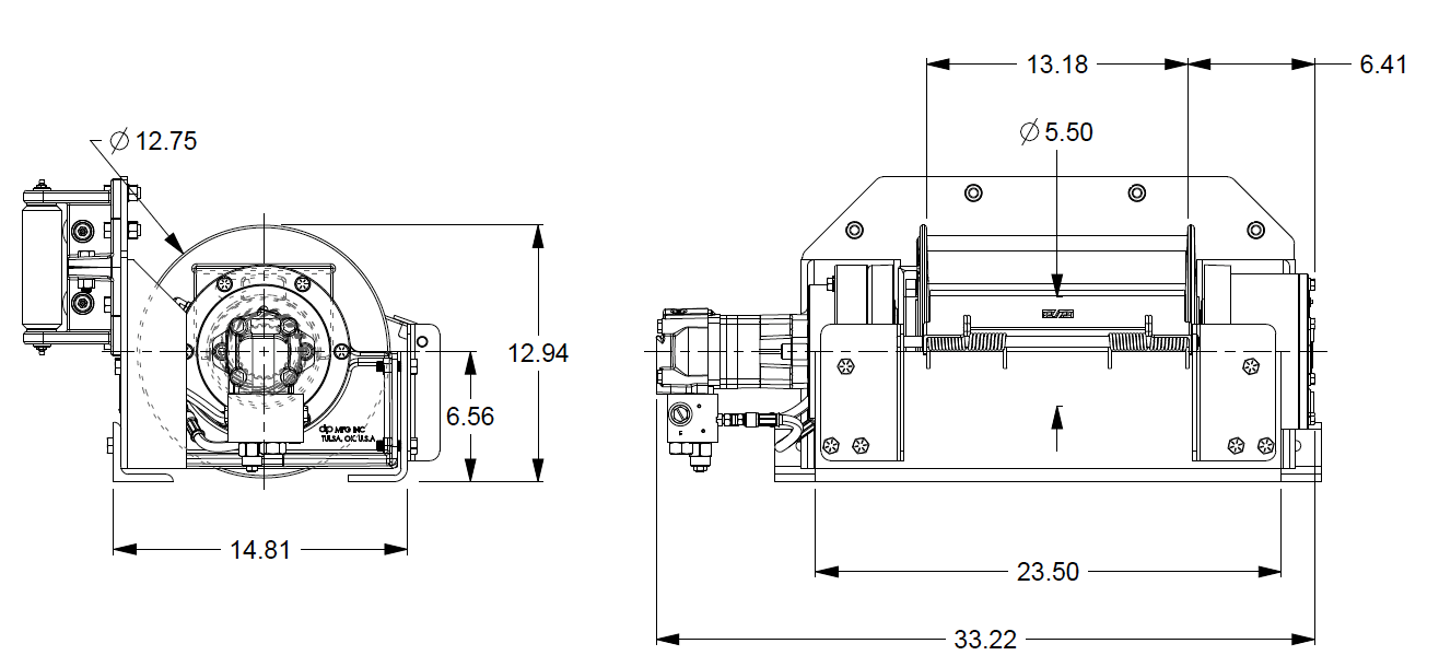 20BEF1R2G : DP Winch, 20,000lb Bare Drum Pull, 27.6" Base with Fairleads & Tensioner, No Kickout, CW, Less than 25GPM Motor, 5.5" Barrel x 13.19" Length x 12.75" Flange