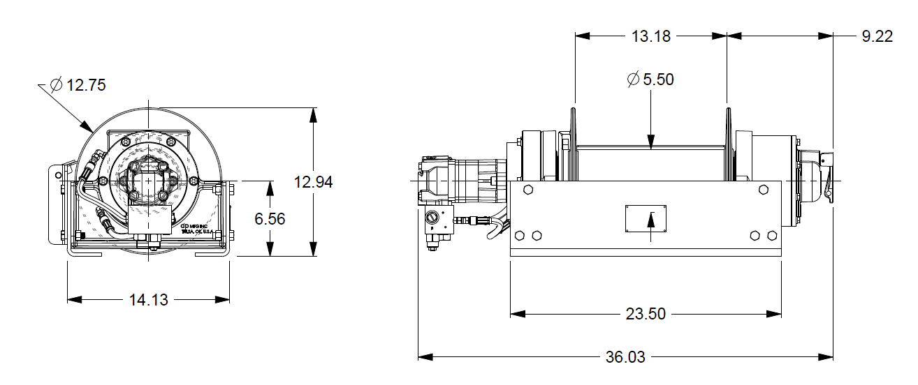 20BEX5L2G : DP Winch, 20,000lb Bare Drum Pull, 47.5" Base with Tensioner, Manual Kickout/Spring Engage, CCW, Less than 25GPM Motor, 5.5" Barrel x 13.19" Length x 12.75" Flange