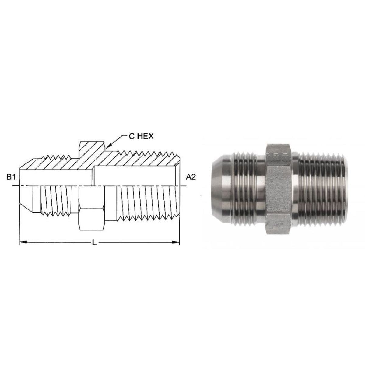 2404-40-40-SS : OneHydraulics Straight Stainless Steel Rigid Adapter, 3-12 (-40) Male JIC x 2-1/2 - 8 (-40) Male NPT