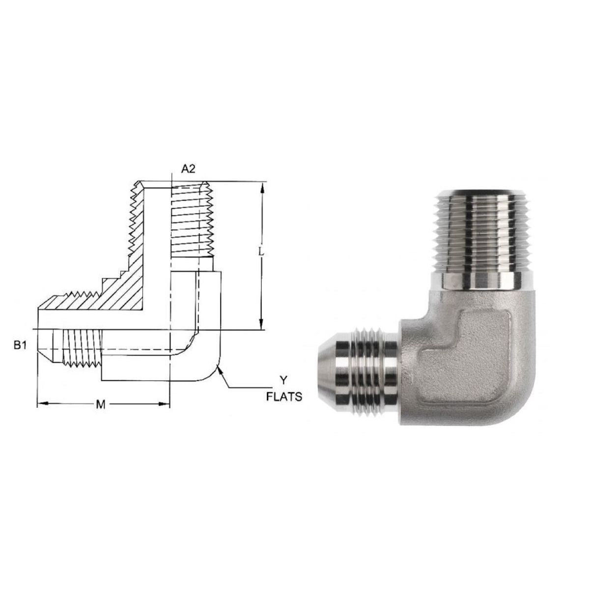 2501-04-08-SS : OneHydraulics 90-Degree Elbow, 0.25 (1/4) Male JIC x 0.5 (1/2) Male NPT, Stainless Steel, 7200psi