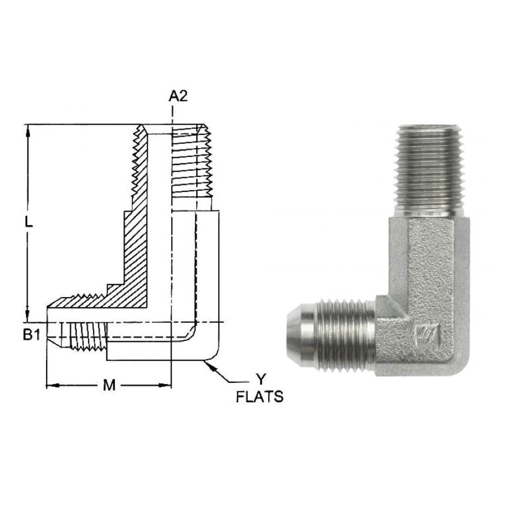 2501-L-08-08-SS : OneHydraulics 90-Degree Long Elbow, 0.5 (1/2) Male JIC x 0.5 (1/2) Male NPT, Stainless Steel, 7200psi