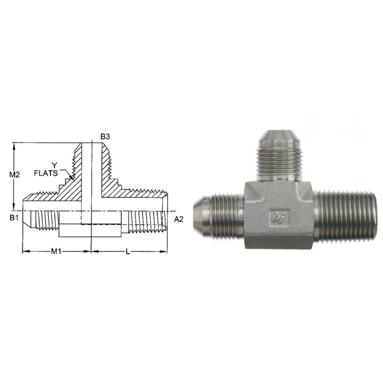 2605-32-32-32-SS : OneHydraulics Tee, 2 Male JIC x 2 Male NPT x 2 Male JIC, Stainless Steel, 2400psi