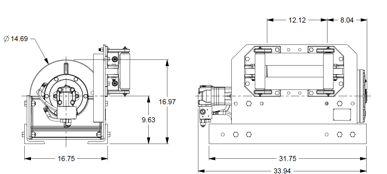 30AAF1L2F : DP Winch, 30,000lb Bare Drum Pull, 31.75" Base with Fairleads, No Kickout, CCW, Less than 25GPM Motor,  6.13" Barrel x 12.12" Length x 14.69" Flange