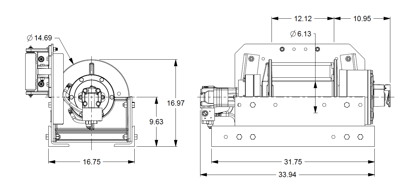 30AAF5R2F : DP Winch, 30,000lb Bare Drum Pull, 31.75" Base with Fairleads, Manual Kickout/Spring Engage, CW, Less than 25GPM Motor,  6.13" Barrel x 12.12" Length x 14.69" Flange