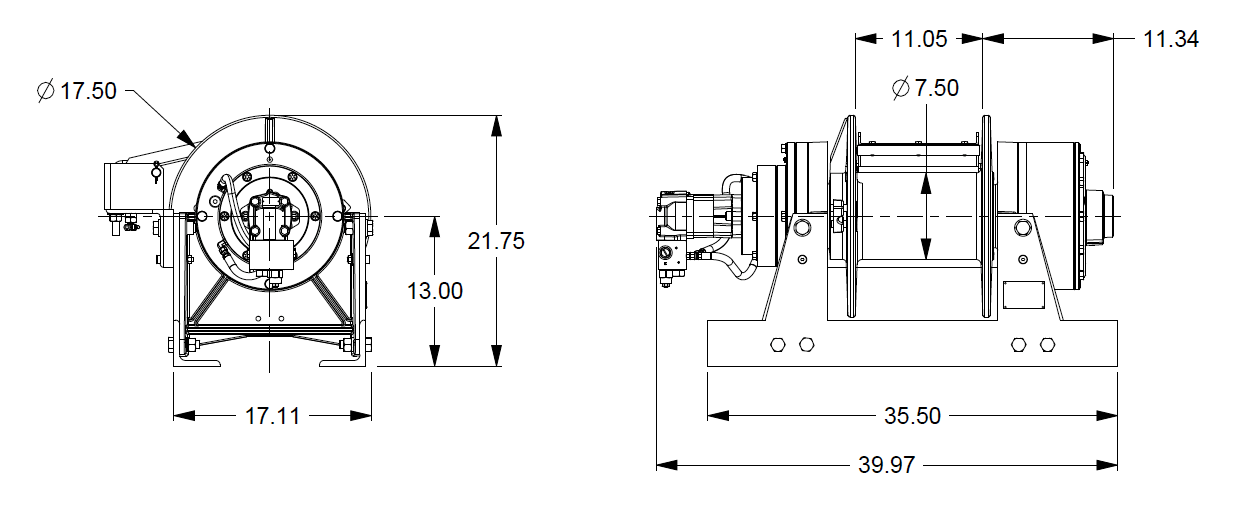 45AAT4L2E : DP Winch, 45,000lb Bare Drum Pull, 35.5" Base with Air Cable Hold Down, Air/Hyd Kickout, CCW, Less than 25GPM Motor, 24VDC, 7.5" Barrel x 11.06" Length x 17.5" Flange