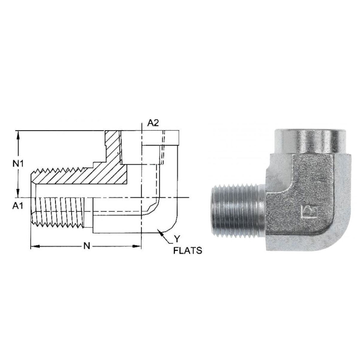 5502-08-06-SS : OneHydraulics 90-Degree Street Elbow, 0.5 (1/2) Male NPT x 0.375 (3/8) Female NPT, Stainless Steel, 6000psi