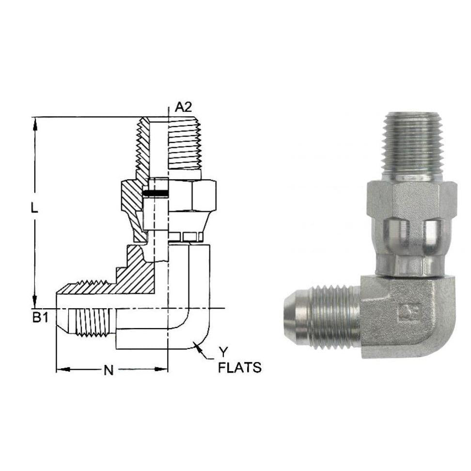 5701-12-12-FG : OneHydraulics 90-Degree Elbow, 0.75 (3/4) Male JIC x 0.75 (3/4) Male NPT Swivel, Stainless Steel