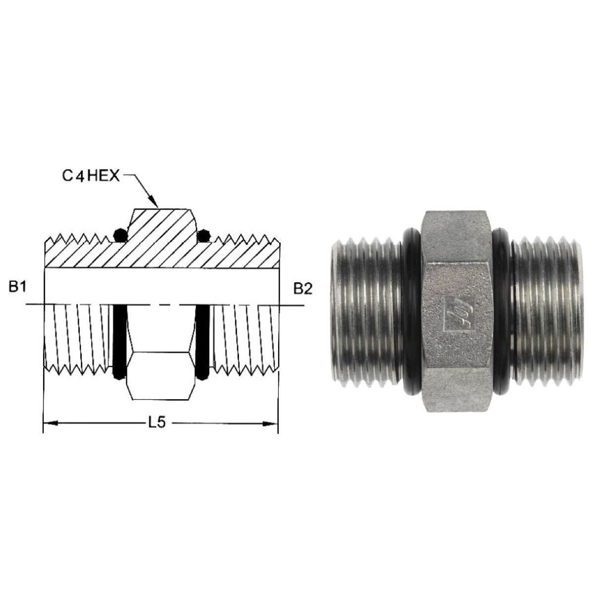 6464-10-10-O : OneHydraulics Straight Adapter, 0.625 (5/8) Male ORB x 0.625  (5/8) Male ORB, Steel