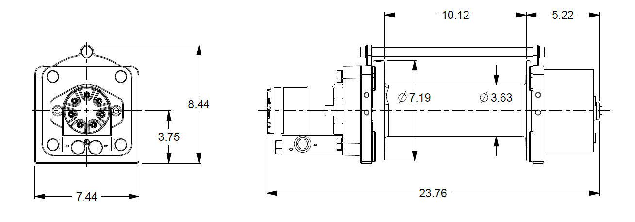 8GNCXX1L1C : DP Winch, 8,000lb Bare Drum Pull, Long Drum, No Kickout, CCW, Less than 5GPM Motor, 3.63" Barrel x 10.13" Length x 7.19" Flange