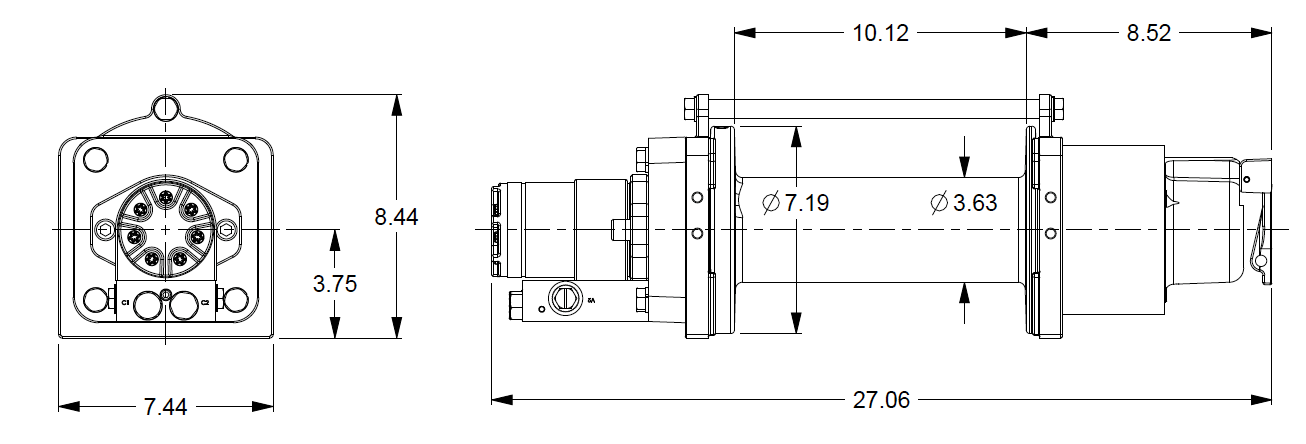 8GNCXX5L1C : DP Winch, 8,000lb Bare Drum Pull, Long Drum, Manual Kickout/Spring Engage, CCW, Less than 5GPM Motor, 3.63" Barrel x 10.13" Length x 7.19" Flange