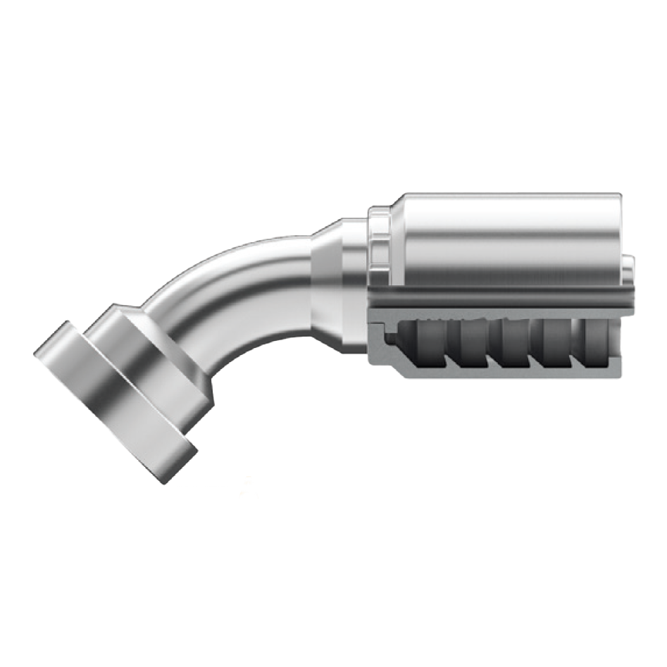 B2-CF45-2020: Continental Hose Fitting, 1.25 (1-1/4") Hose ID x 1.25 (1-1/4") Caterpillar Flange, 45-Degree Connection