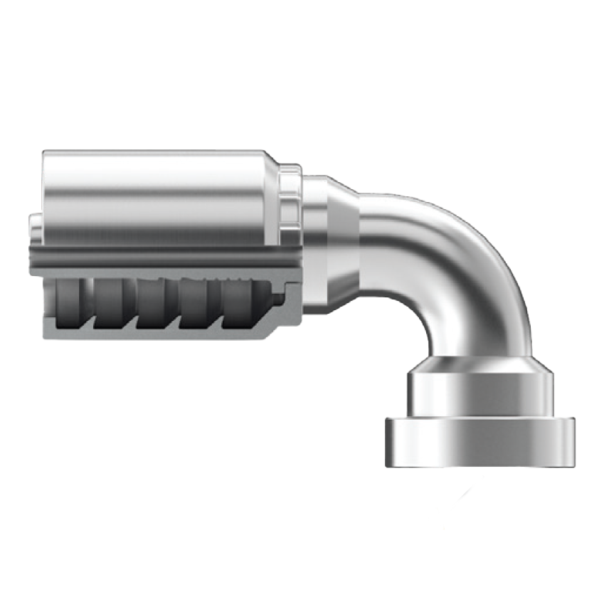 B2-CF90-2020: Continental Hose Fitting, 1.25 (1-1/4") Hose ID x 1.25 (1-1/4") Caterpillar Flange, 90-Degree Connection