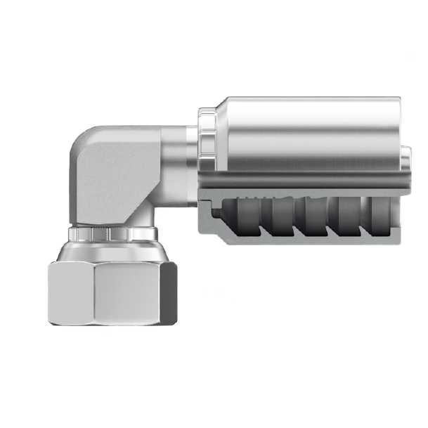 B2-JCFX90B-0404: Continental Hose Fitting, 0.25 (1/4") Hose ID x 7/16-20 Female JIC, 90-Degree Block Swivel Connection