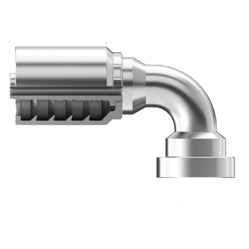 B2-KF90-1010: Continental Hose Fitting, 0.625 (5/8") Hose ID x 0.625 (5/8") Komatsu Flange, 90-Degree Connection