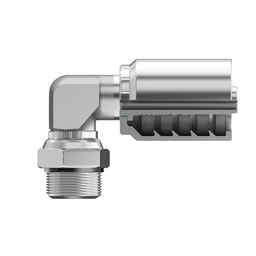 B2-OBMX90B-0405: Continental Hose Fitting, 0.25 (1/4") Hose ID x 1/2-20 Male ORB, 90-Degree Swivel Connection