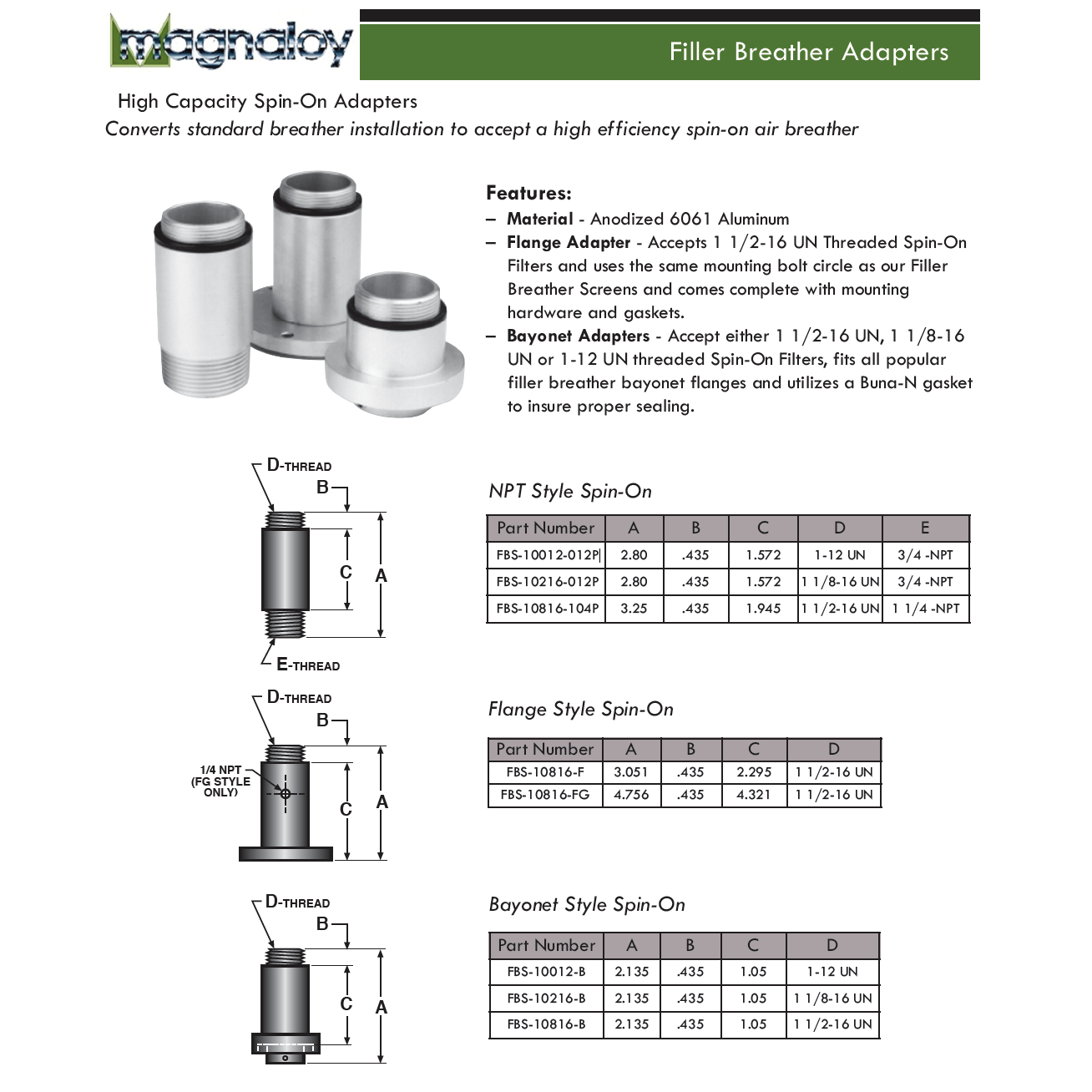 FBS-10012-B : Magnaloy Spin-On Bayonet Adapter, Aluminum, 1-12 UN