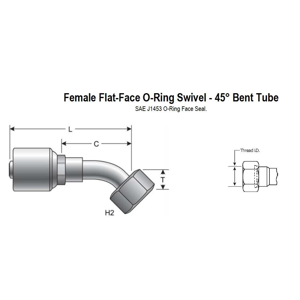 12G-12FFORX45S : Gates Coupling, MegaCrimp Female Flat-Face O-Ring Swivel, 45-Deg, -12 (3/4") Dash Size, 0.75 (3/4") ID, 1 3/16-12 Threads