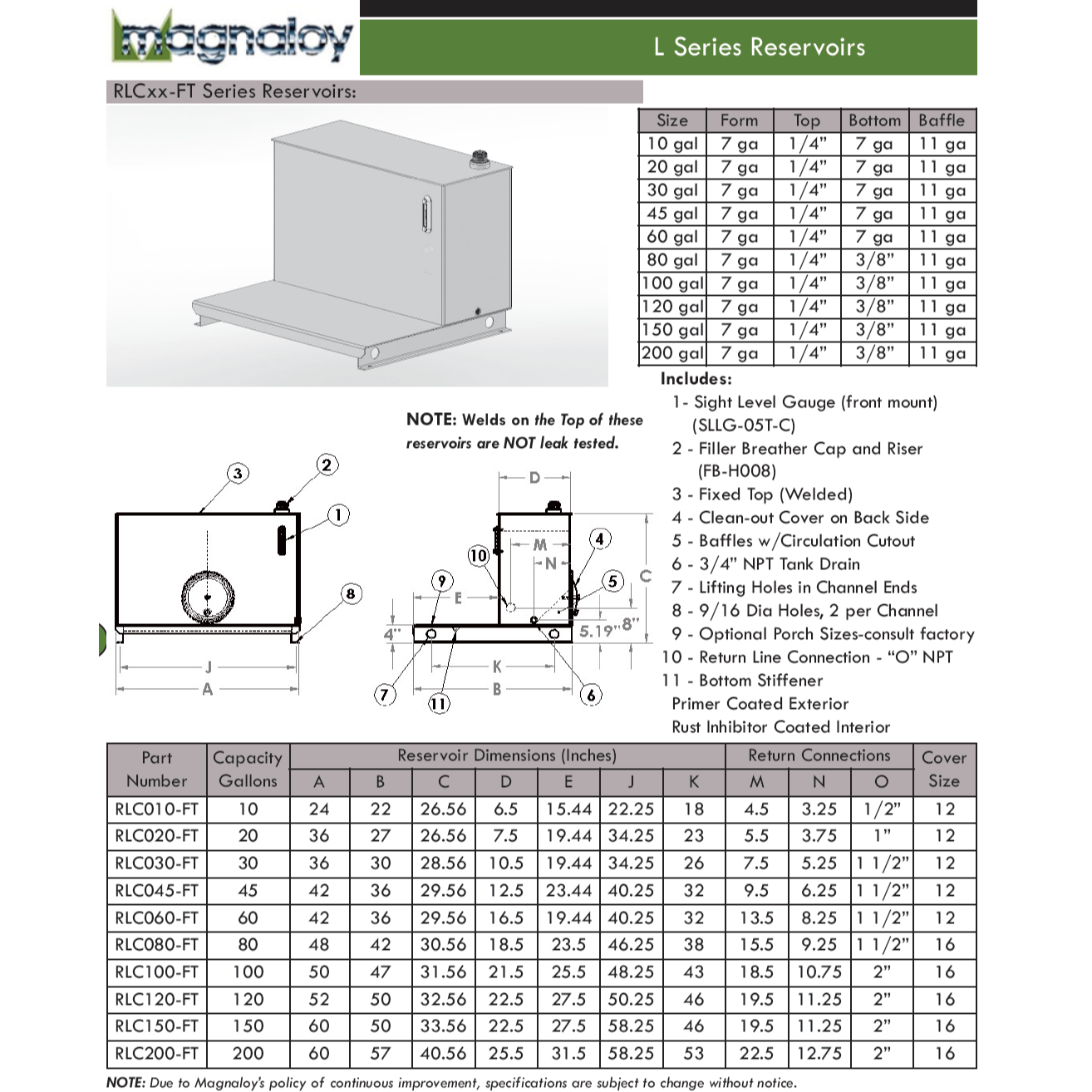 RLC120-FT : Magnaloy Reservoir, L-Shaped, Welded Top, Carbon Steel, 120-Gallon Capacity