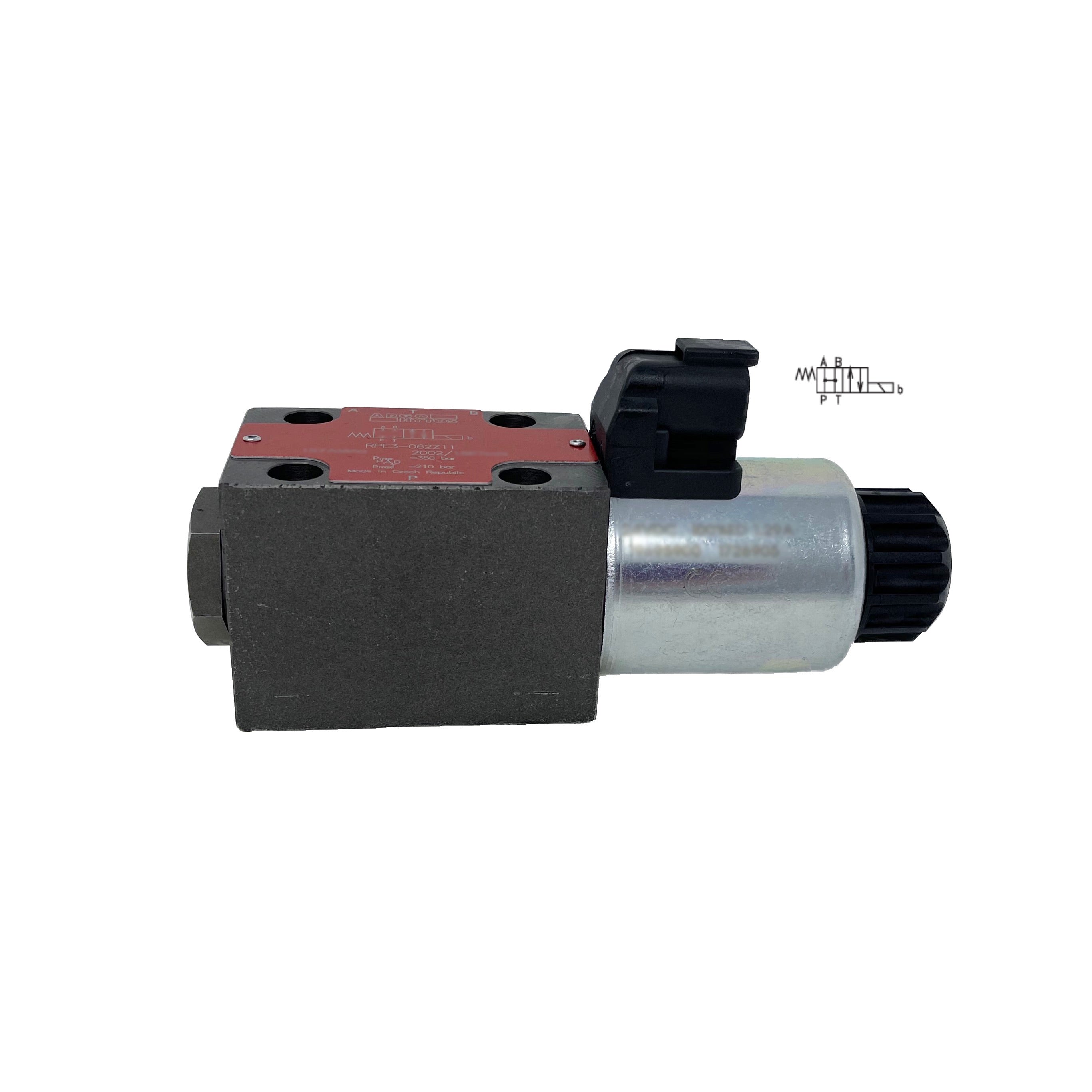 RPE3-062H11/02400E12A : Argo Hytos Directional Control Valve, D03 (NG6), 21GPM, 5100psi, 2P4W, 24 VDC, Deutsch, Spring Return, All Ports Open in Neutral, Coil Side B