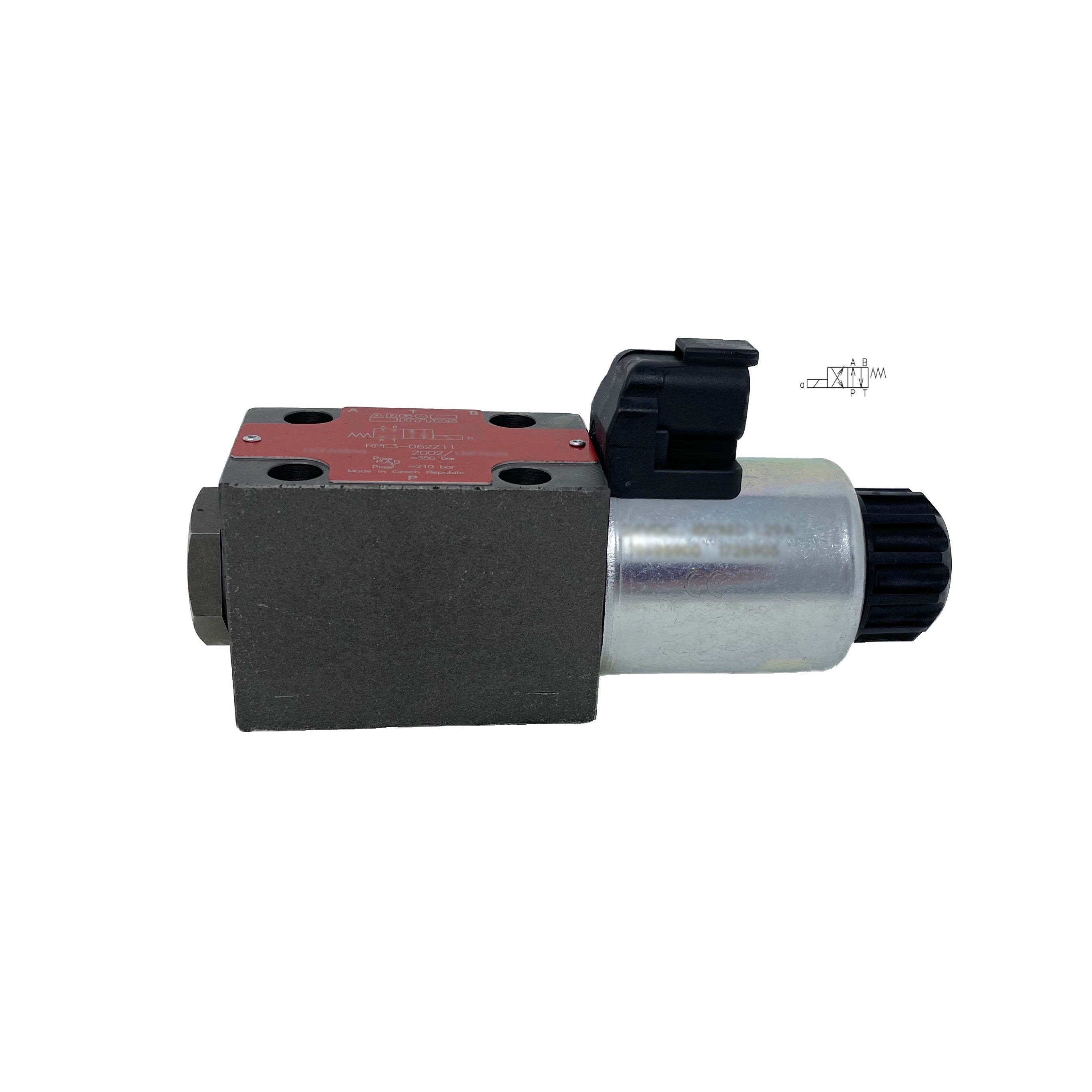 RPE3-062R21/02400E12A : Argo Hytos Directional Control Valve, D03 (NG6), 21GPM, 5100psi, 2P4W, 24 VDC, Deutsch, Spring Return, P to A, B to T in Neutral, Coil Side A