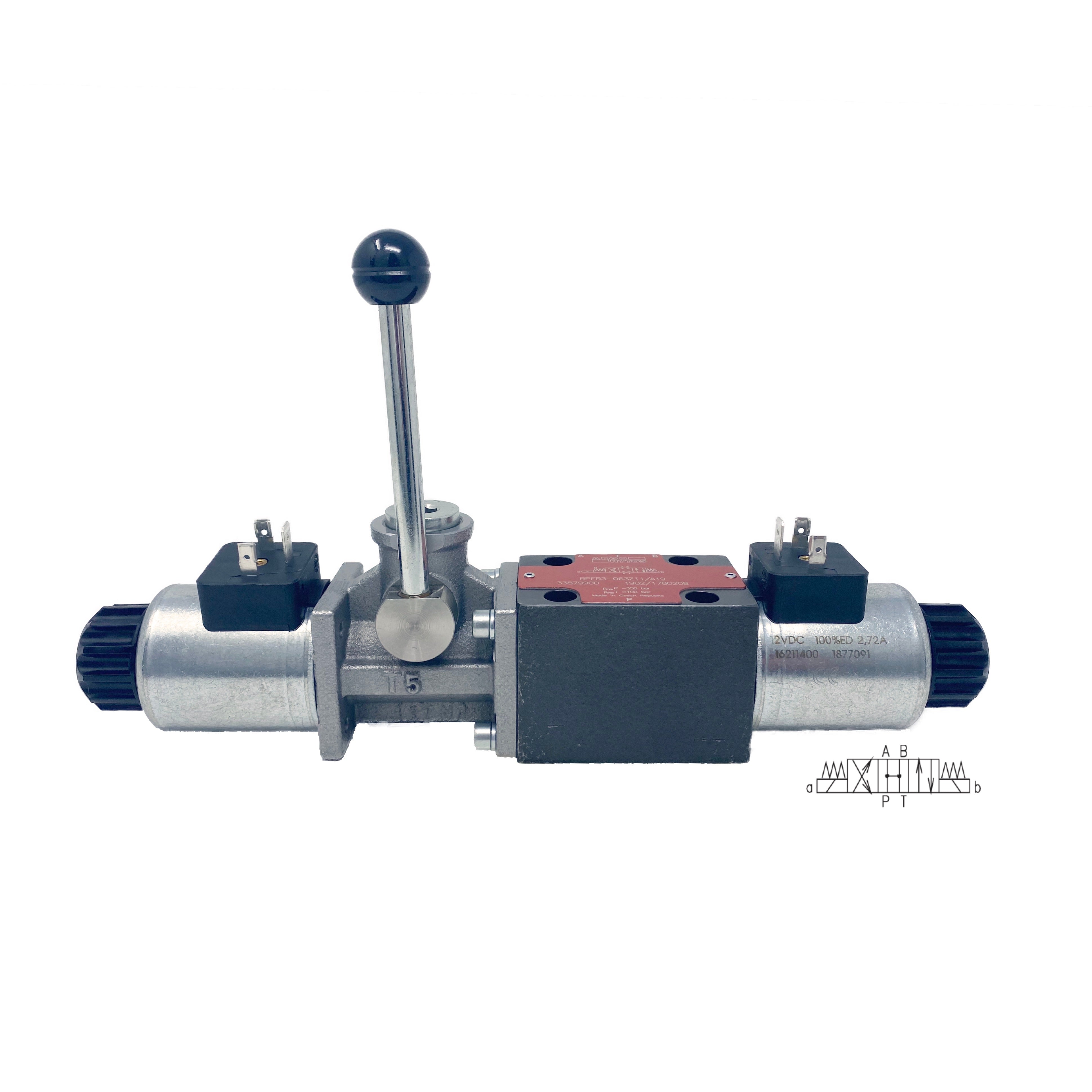 RPER3-063H11/01200E1/A19 : Argo Directional Control Valve w/ Override Lever, D03, 21GPM, 5100psi, 3P4W, 12 VDC, DIN, Spring Centered, All Ports Open in Neutral