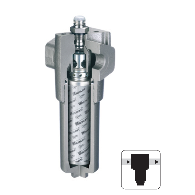 SF-070-G-05-B-T-U20-M-A : Stauff Inline Filter, 6000psi, #20 SAE (1.25"), 5 Micron, With Visual Indicator, With Multifunction Valve, Bypass & Reverse Flow Enabled