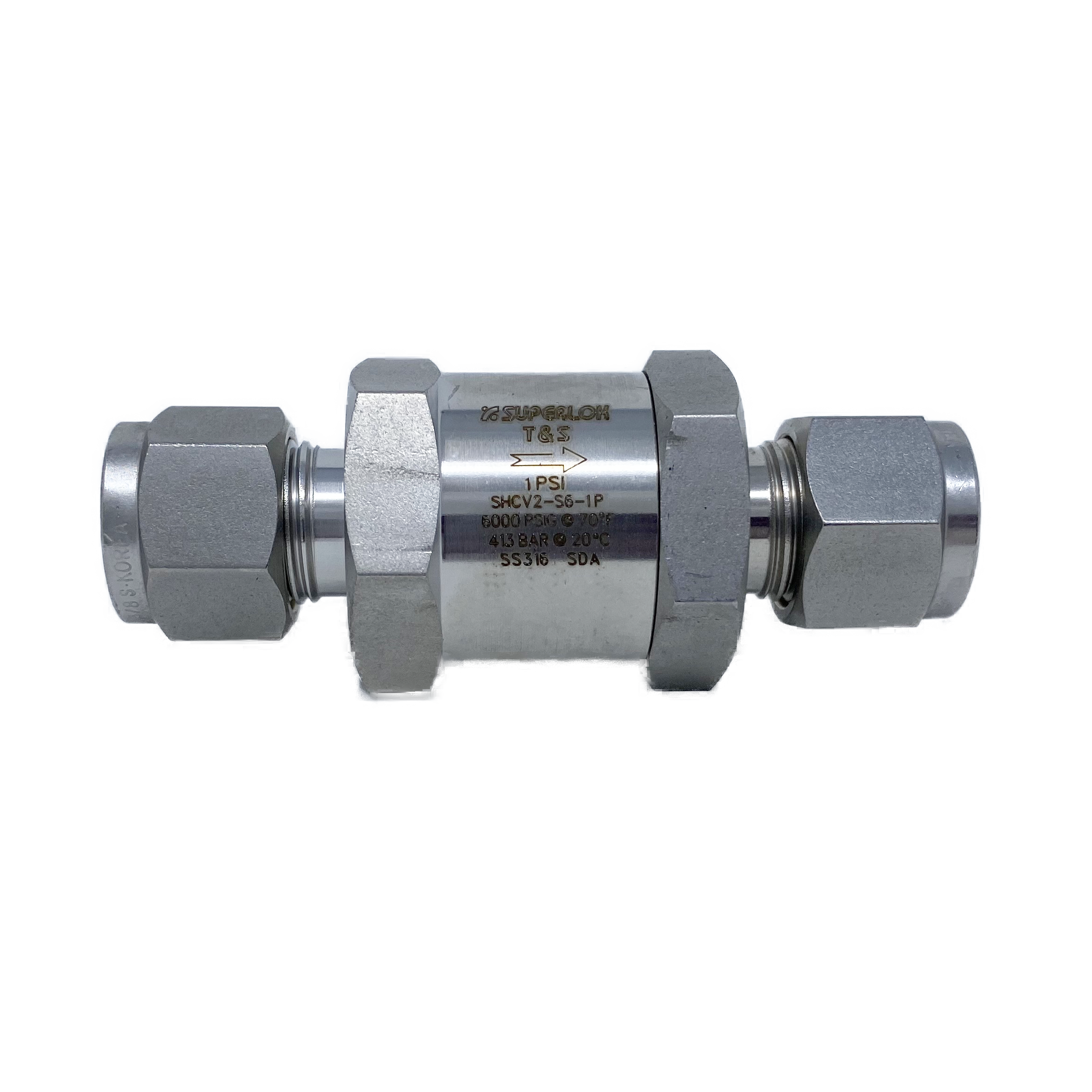 SHCV2-S-6-10P-MR : Superlok Inline Check Valve, 3/8" O.D. Tube, 10psi Cracking, NACE , 6000psi, 316SS